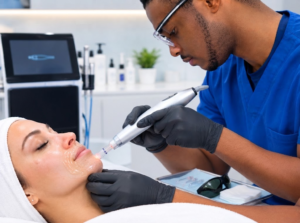 Dr. Peguy Télusma performing a laser acne treatment on a patient at GLIF Medical in Montreal.