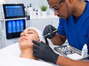Dr. Peguy Télusma performing a facial balancing therapy procedure on a female patient at GLIF Medical in Montreal.